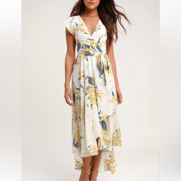 *SOLD* Lulús French Countryside White and Yellow Floral Print High-Low Dress - Picture 3 of 7